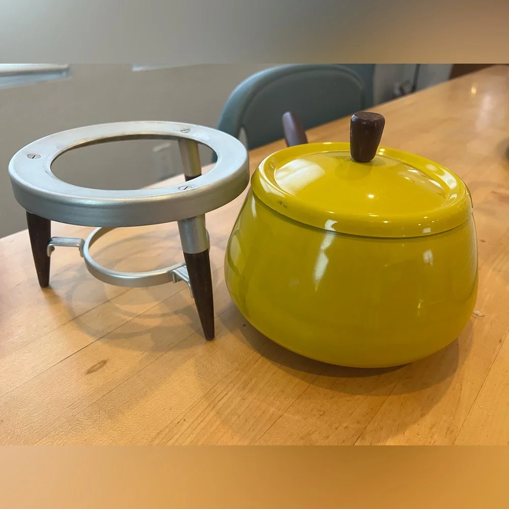 Vintage MCM Yellow Fondue Pot with Stand Teak wood